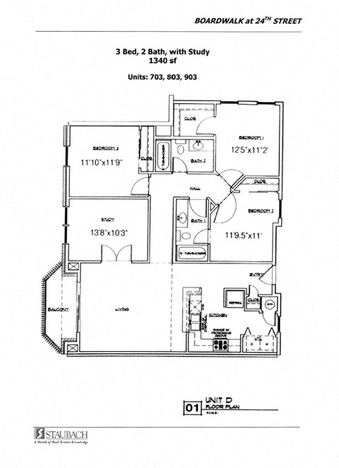 Floor plan for 3 beds, 2 baths, 1340 sqft
